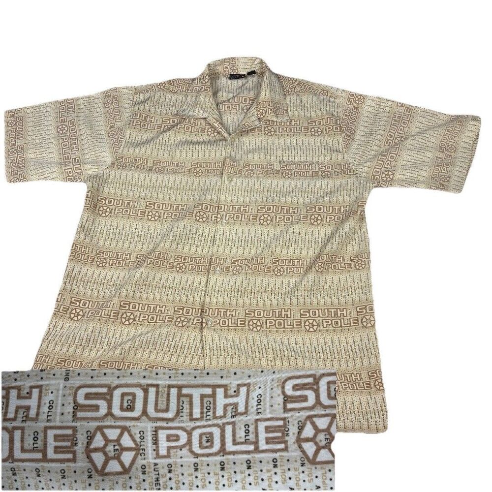 Vintage Southpole Shirt Size Large Tan Short Sleeve Button Up Logo Spellout Y2K